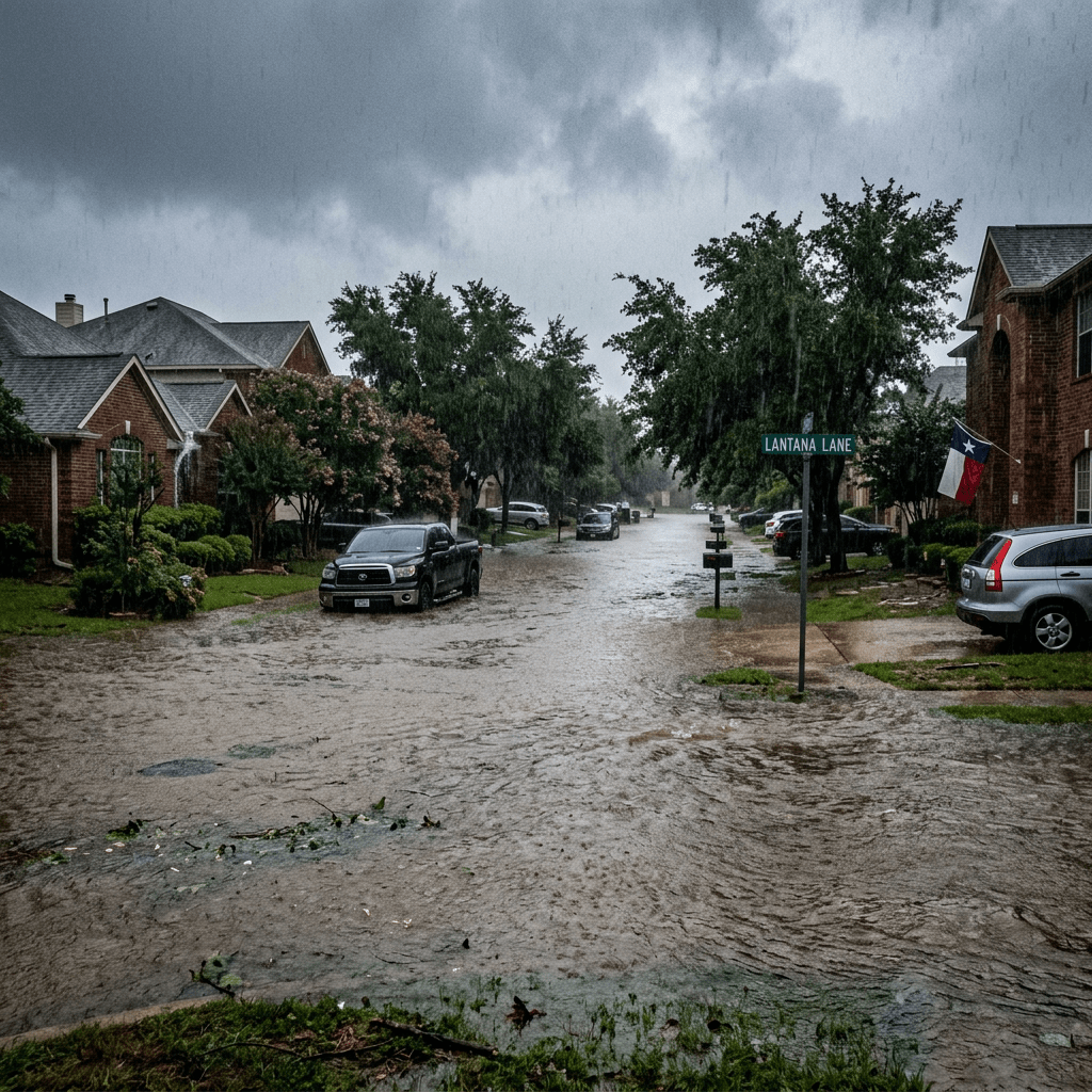 Flooded residential street with parked vehicles during heavy rain