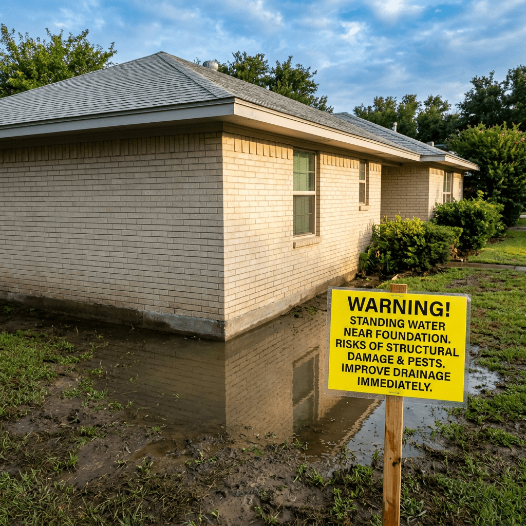 Yellow warning sign about standing water and structural damage near house foundation