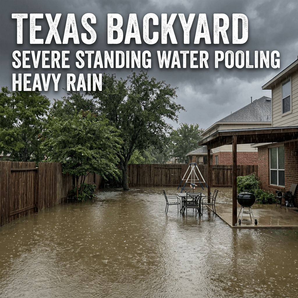 Backyard with severe water pooling and flooding after heavy rain in Texas